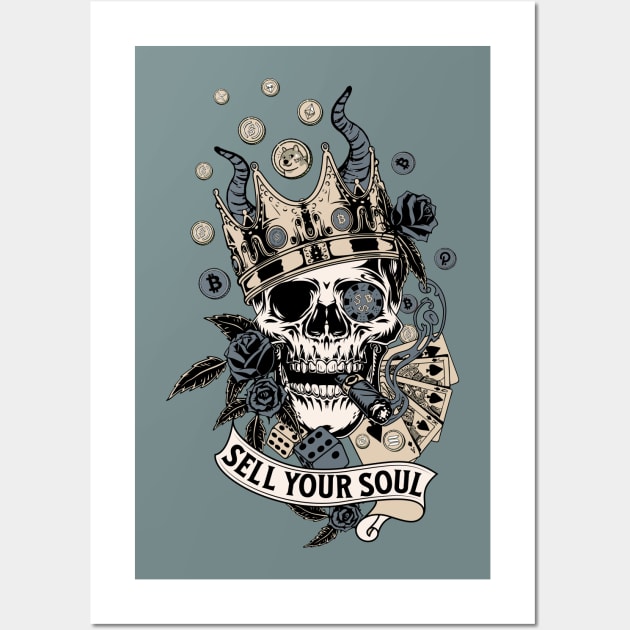 Sell Your Soul! Or don't? A Vintage Smoking Skull with Money, Playing Cards, Dice, Horns, Crown and Roses. Wall Art by LinoLuno